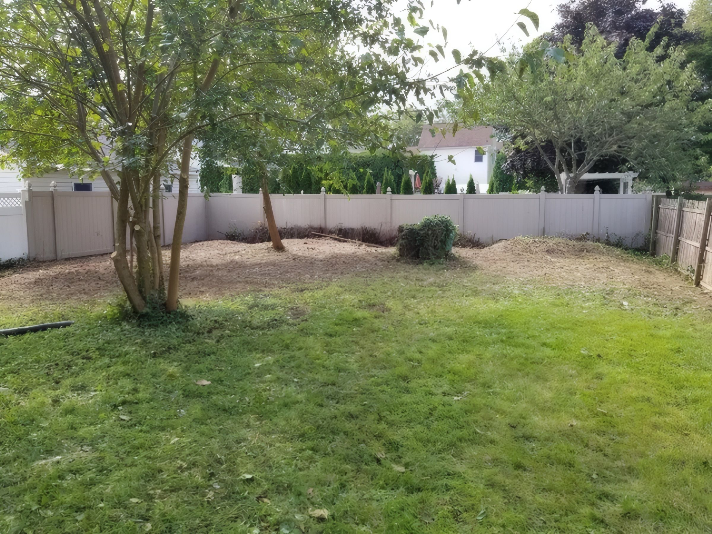 The same backyard with the fence-line beds cleared and the lawn opened up