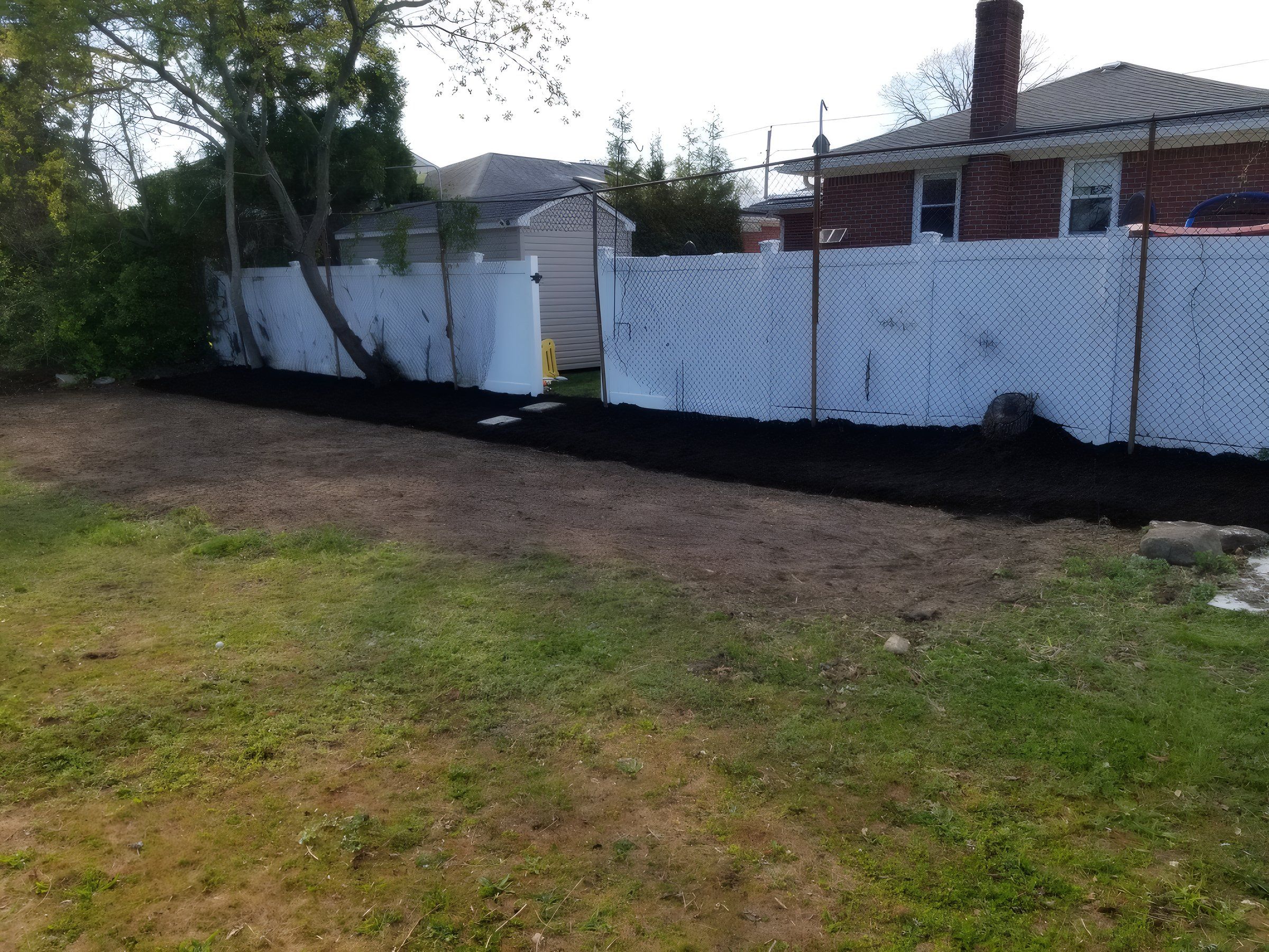 The backyard cleared, with a clean dark strip along the base of the fence