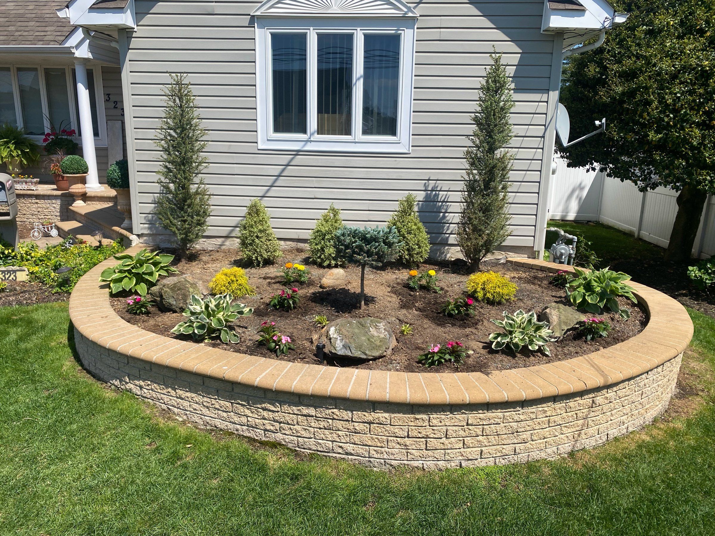 Raised bed replanted with evergreens and perennials, before mulching