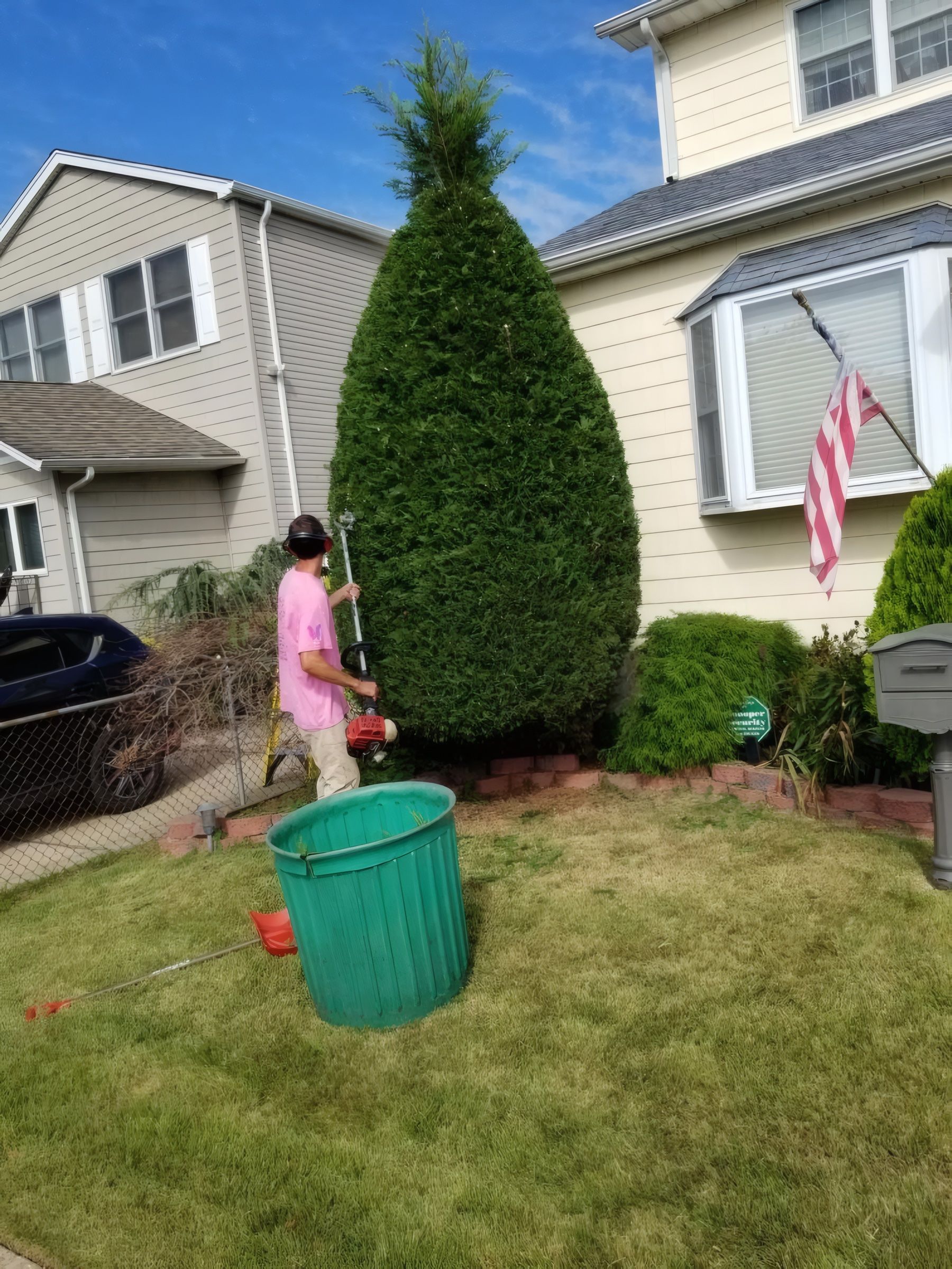 The owner trimming a tall arborvitae with a pole trimmer beside a house